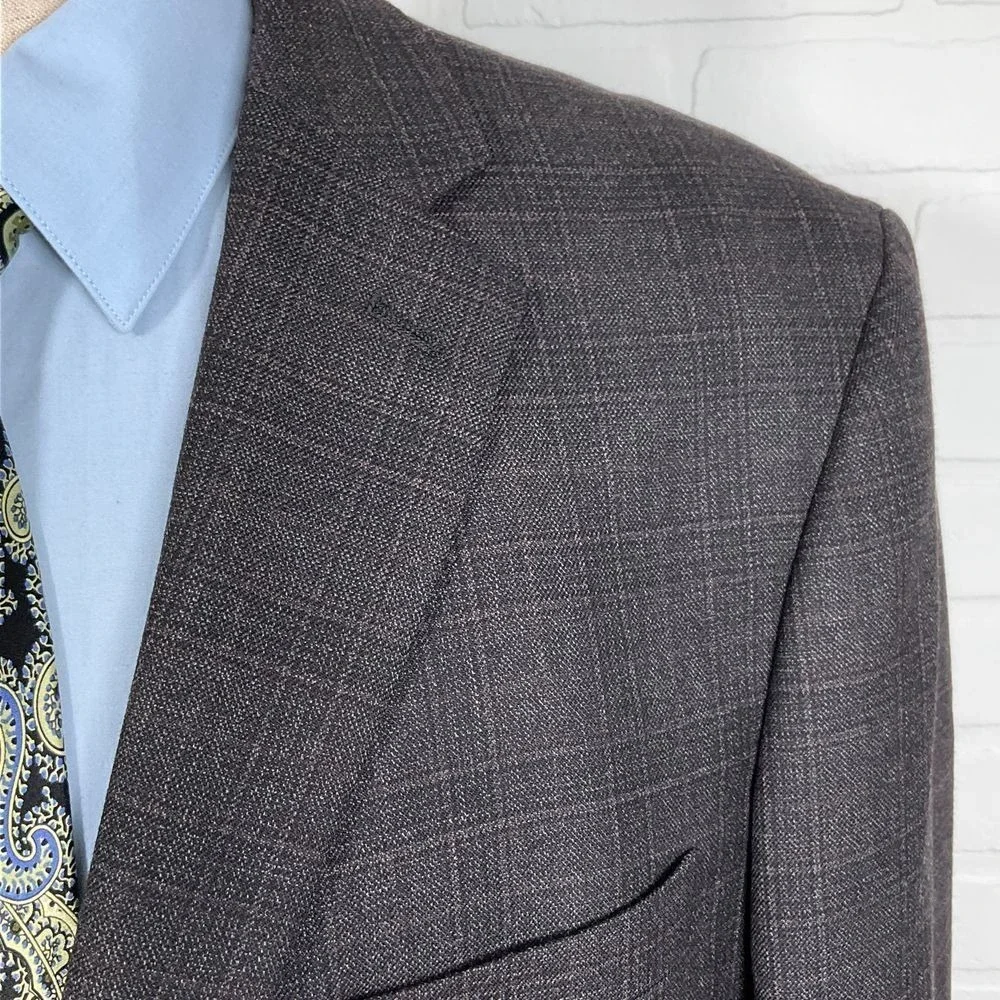 Calvin Klein Blazer 46L ACTUAL 44L Gray Red Windowpane Plaid Wool Suit Jacket